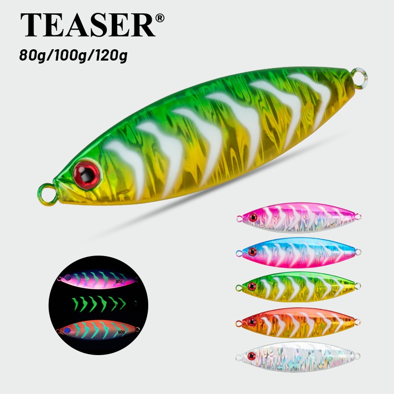 TEASER【J123】80g 100g 120g Cradle Jig ช้าตกโลหะ Jigging Lure UV Glow 3D Eyes ยาวหล่อแบนตกปลาทะเล Lure