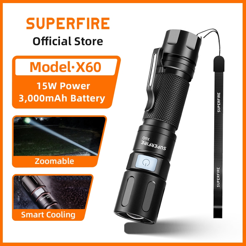 SUPERFIRE X60 15W ไฟฉาย LED แบบชาร์จไฟได้ที่มีประสิทธิภาพ อัลตร้าไบรท์ ไฟฉายกันน้ำ แคมป์ปิ้งแบบซูมได้ ตกปลาโคมไฟ