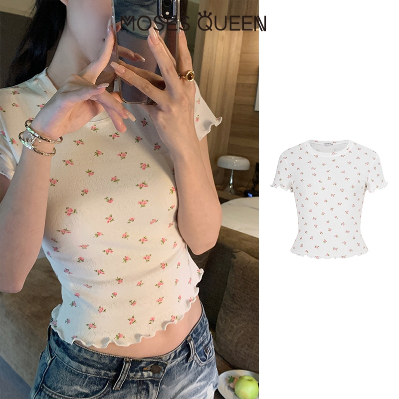 < MOSESQUEEN > เสื้อแขนสั้นสุภาพสตรี ลายดอกไม้นุ่มสบาย สำหรับวันแฟชั่นทุกวัน #63588