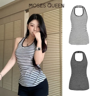 MOSESQUEEN เสื้อคีมิโซลลายเส้นคอแบบฮัลเตอร์ แบบไม่มีหลัง ดีไซน์สูงสไตล์ ใส่สบาย ผ้าระบายอากาศได้ดี เหมาะกับทุกโอกาส ชุด casual ที่ใส่สบายและเป็นแฟชั่น #63534