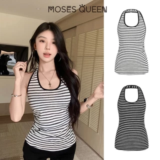 MOSESQUEEN เสื้อคีมิโซลลายเส้นคอแบบฮัลเตอร์ แบบไม่มีหลัง ดีไซน์สูงสไตล์ ใส่สบาย ผ้าระบายอากาศได้ดี เหมาะกับทุกโอกาส ชุด casual ที่ใส่สบายและเป็นแฟชั่น #63534