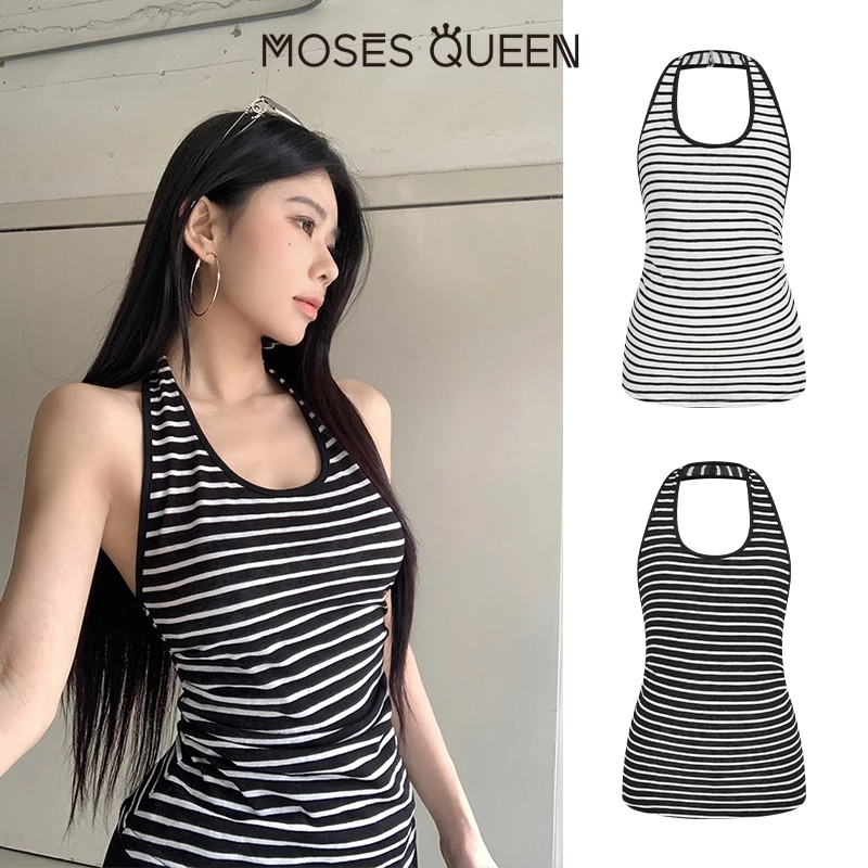 MOSESQUEEN เสื้อคีมิโซลลายเส้นคอแบบฮัลเตอร์ แบบไม่มีหลัง ดีไซน์สูงสไตล์ ใส่สบาย ผ้าระบายอากาศได้ดี เหมาะกับทุกโอกาส ชุด casual ที่ใส่สบายและเป็นแฟชั่น #63534