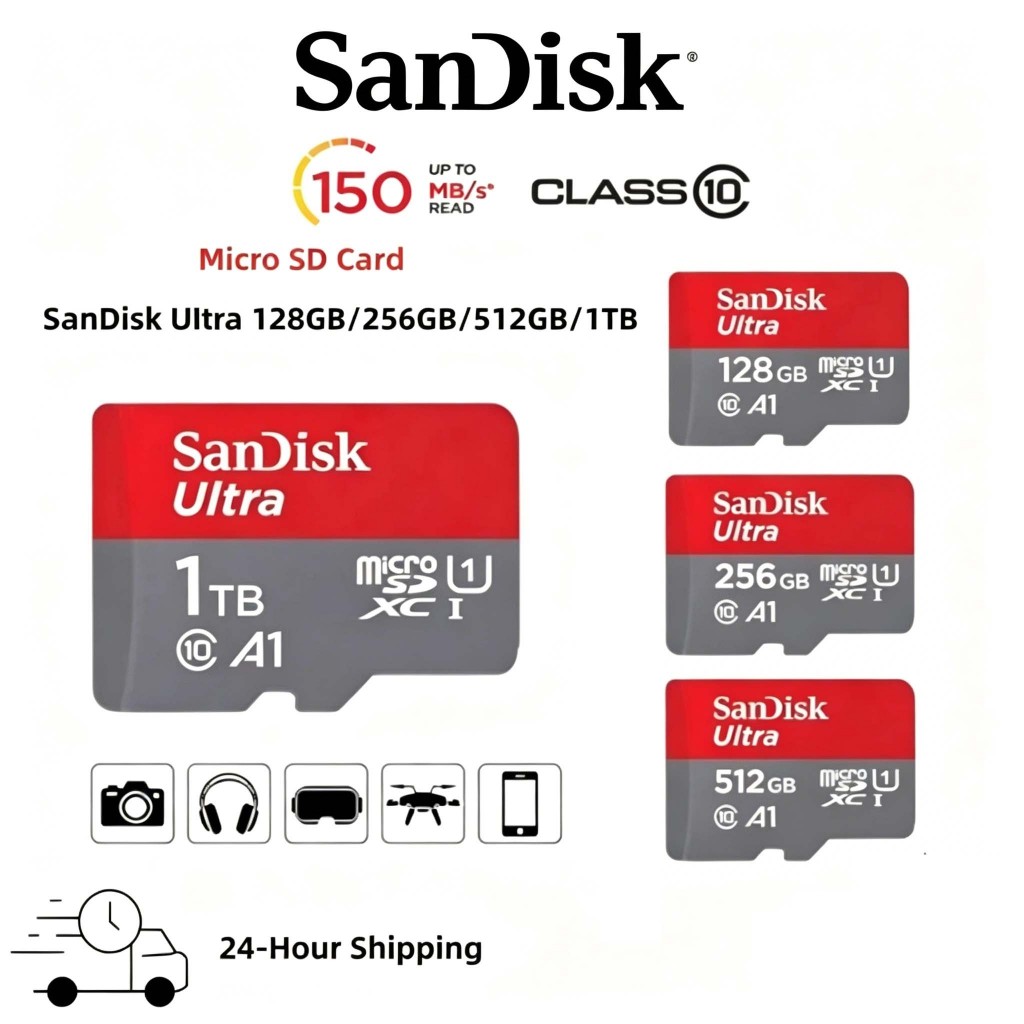 SanDisk Ultra MicroSD Card การอ่านจริงเขียนความเร็ว 120-150MB/s เหมาะสําหรับสมาร์ทโฟน, แท็บเล็ตคอมพิวเตอร์และบันทึกการขับขี่การ์ดหน่วยความจํา-128GB/256GB/512GB/1TB A1 C10 U1 UHS-I