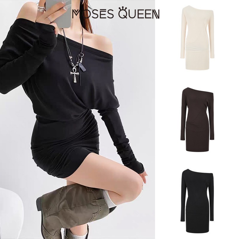 MOESSQUEEN Light ชุดแขนยาวสำหรับผู้หญิง ปิดไหล่แบบเซ็กซี่ ออกแบบมาให้เน้นสรีระและลดสะโพก เหมาะสำหรับใส่ในฤดูใบไม้ร่วงและฤดูหนาว #63116