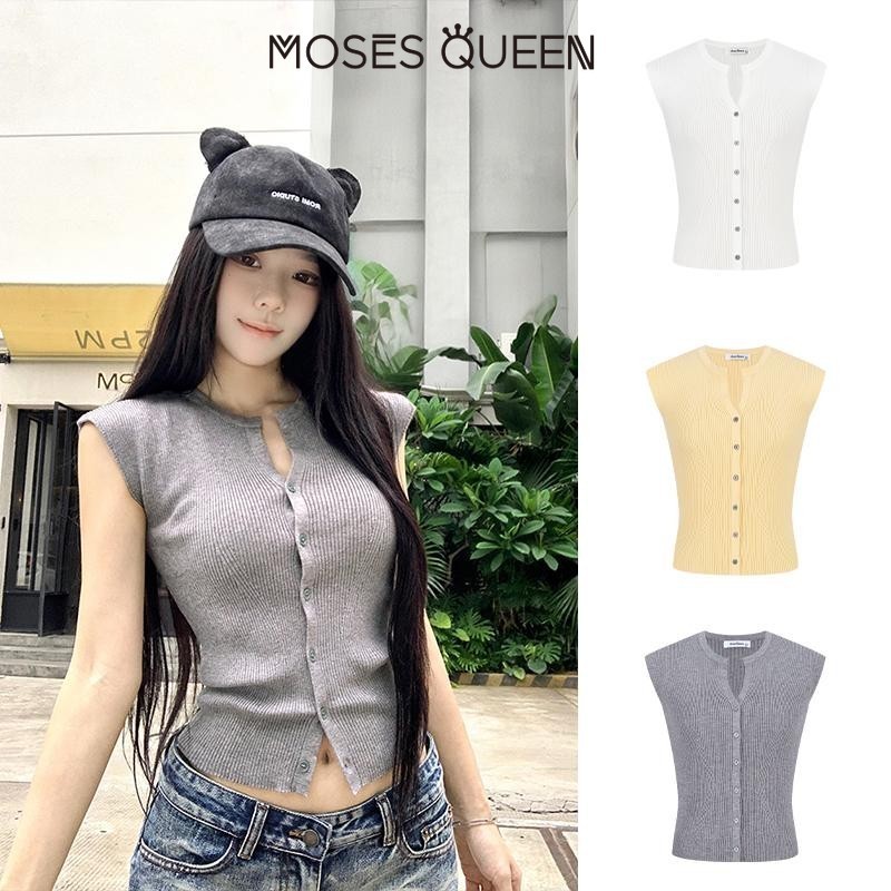 MOSESQUEEN มอสสควีน โดปามีน เสื้อแขนสั้นถักกันหนาว 2025 ฤดูร้อนแฟชั่นผู้หญิงบางด้านบนเซ็กซี่ชุดสาวร้อน #59818