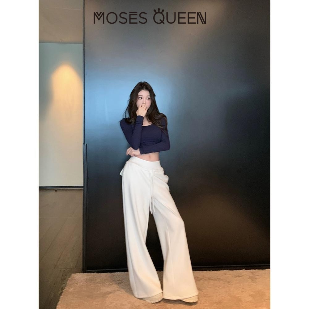MOSESQUEEN กางเกงขากว้างทรงตรงหลวมเอวสูง เพื่อความสบายและสไตล์ขี้เกียจ ใช้งานได้หลายโอกาส #63213