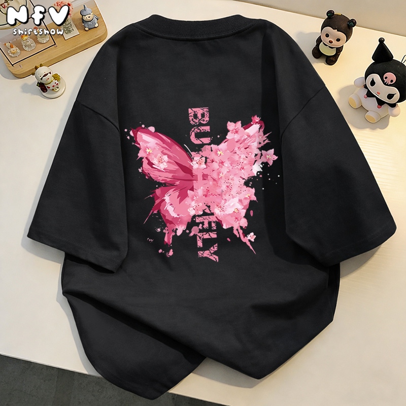 NFV คอตตอน 100% ลายดอกซากุระและผีเสื้อ รุ่นใหม่ ดีไซน์สตรีท ขนาดโอเวอร์ไซส เสื้อแขนสั้น YG901