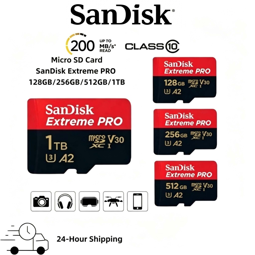SanDisk Extreme Pro MicroSDXC 128GB-1TB U3 A2 V30 ความเร็วสูง 200MB/s รองรับ 4K/8K สำหรับกล้องวงจรปิด โดรน GoPro มือถือ ของแท้ พร้อมส่ง