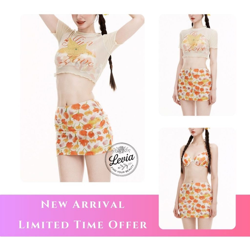 บิกินี่เซตเสื้อตาข่าย กระโปรงรัดรูป แต่งดอกไม้ มีฟองน้ำ หวานแซ่บ PT0309