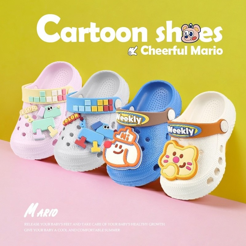 Cheerful Mario 14-19ซม นองเท้าเด็ก น่ารัก เครื่องขุด รองเท้าแตะนิ่มเด็ก พื้นหนา กันลื่น รองเท้ารัดส้นเด็กเล็ก