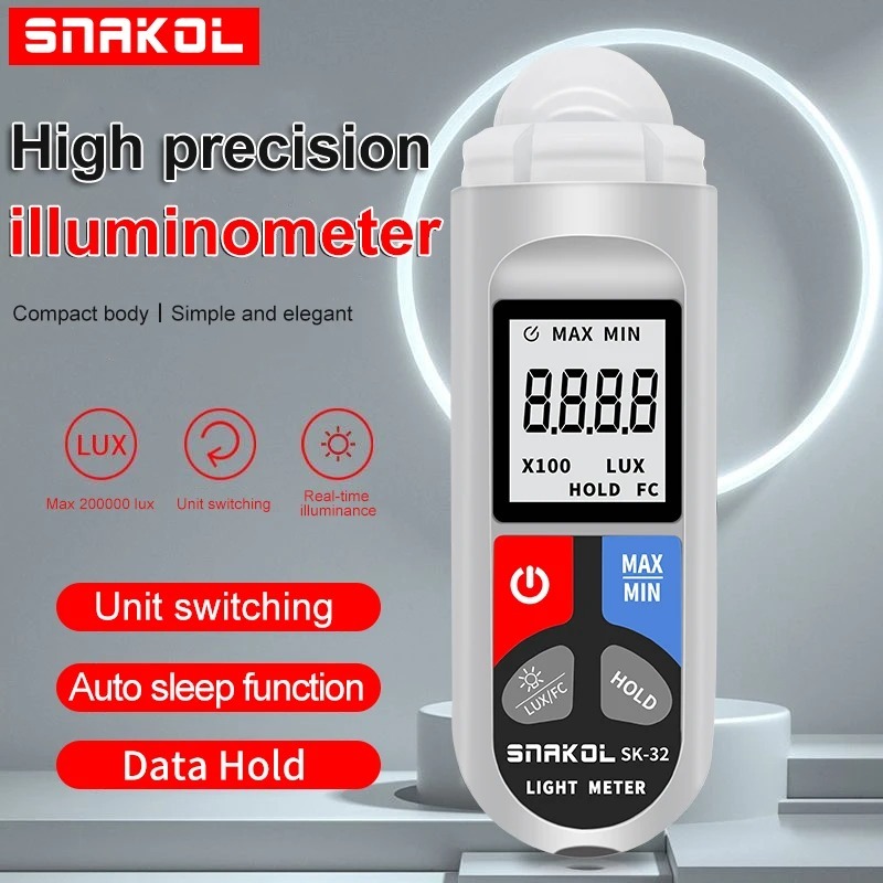 SNAKOL Lux Meter Digital Illuminometer 0~200,000lux LCD Pocket Light Meter Lux/FC วัดเครื่องทดสอบ Se