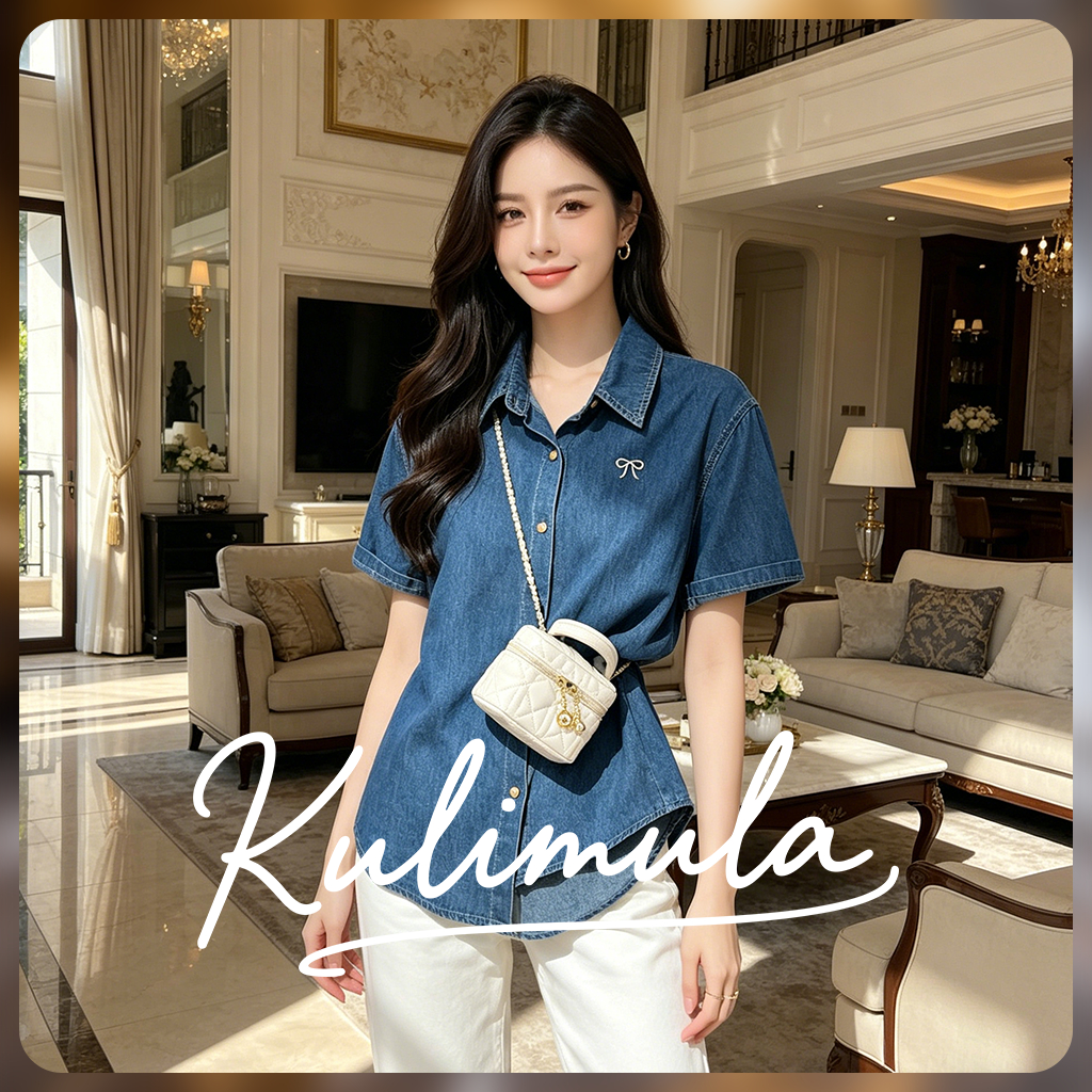 KULIMULA แขนสั้น เสื้อเชิ้ตยีนส์ผู้หญิง ลายโบว์ คอปกผ้าดีนิมสไตล์เกาหลีวินเทจ ทรงหลวมใส่สบายสำหรับฤดูร้อน Q30