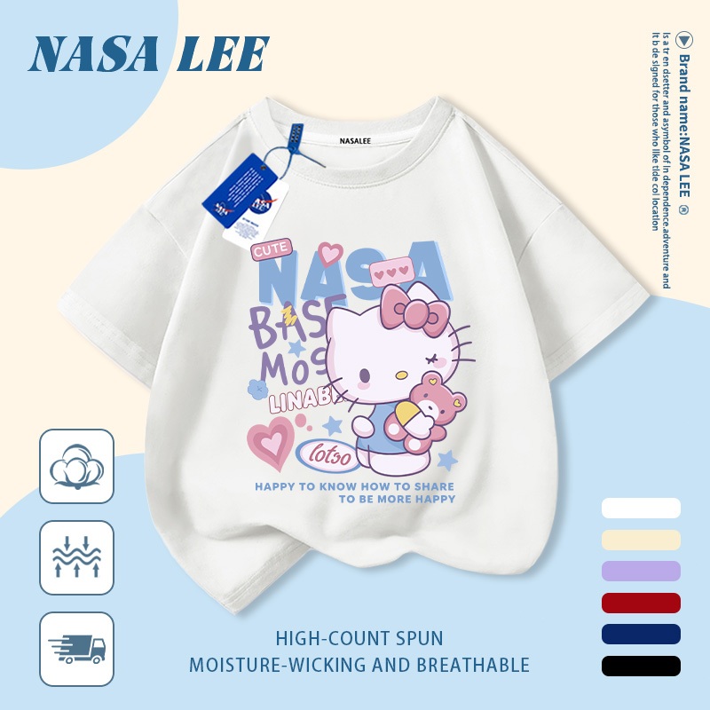 【จัดส่งวันเดียวกัน】เสื้อแขนสั้นผ้าฝ้ายแท้สีขาวสำหรับเด็ก ลายนาซ่าน้องเหมาน่ารัก ใส่สบาย ระบายอากาศดี เหมาะสำหรับเด็กอายุ 3-16 ปี ทั้งชายและหญิง สไตล์ลำลอง
