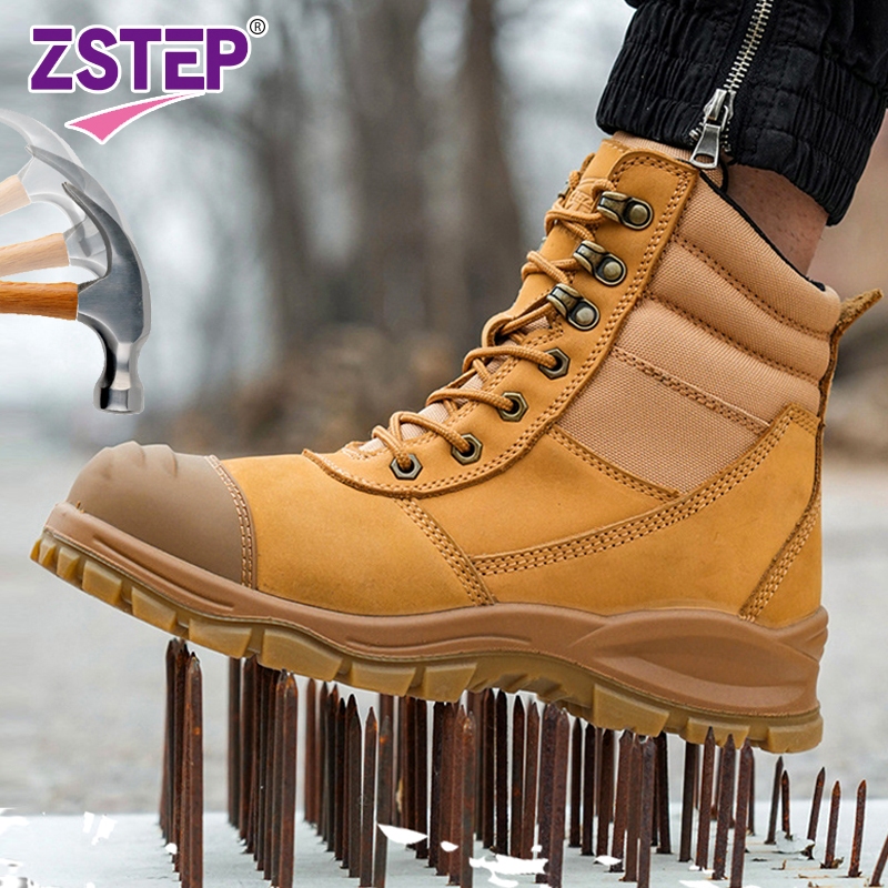 ZSTEP รองเท้าทํางานผู้ชายหัวเหล็กในตัว+รองเท้าเพื่อความปลอดภัยป้องกันการเจาะเคฟล่าร์