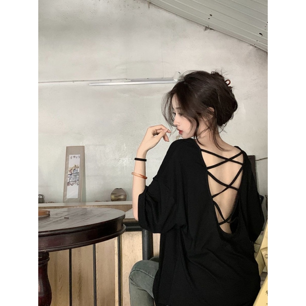 เสื้อยืดเปิดหลังแขนสั้นไซส์ใหญ่ สำหรับผู้หญิง ทรงหลวม ความยาวปานกลาง