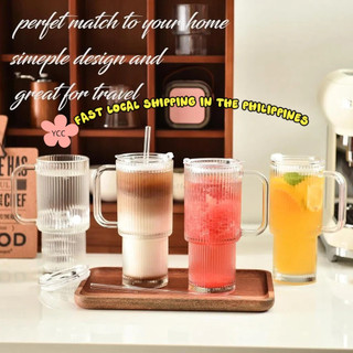 26 oz ribbed glass cup, with handle lid and straw - large size iced coffee cup with straw, elegant glass travel cup, suitable for hot and cold drinks, smoothies, tea and juice