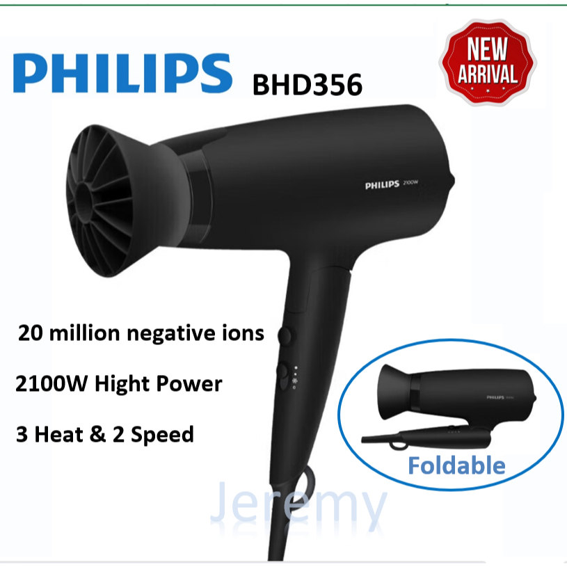 3000 Series BHD356 เครื่องเป่าผม, 2100W พับได้พร้อมเทคโนโลยี ThermoProtect, Air Flower Advanced Ionic Care