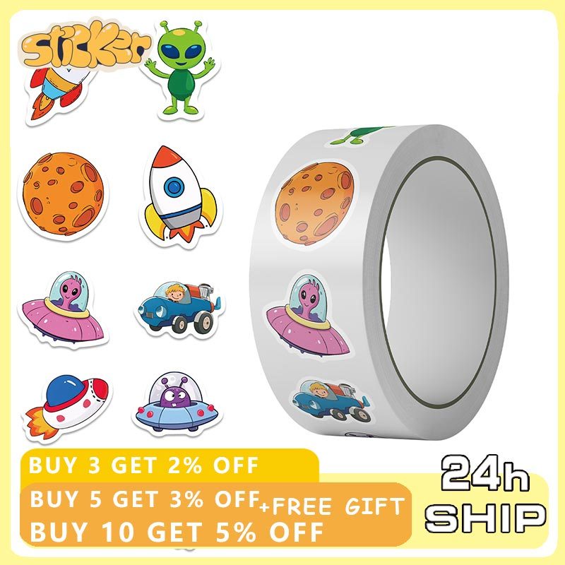 500 ชิ้น/ม้วน Space Rocket Alien การ์ตูนปิดผนึกสติกเกอร์ตกแต่งแล็ปท็อป Decals รางวัลเด็กของขวัญของเล่น