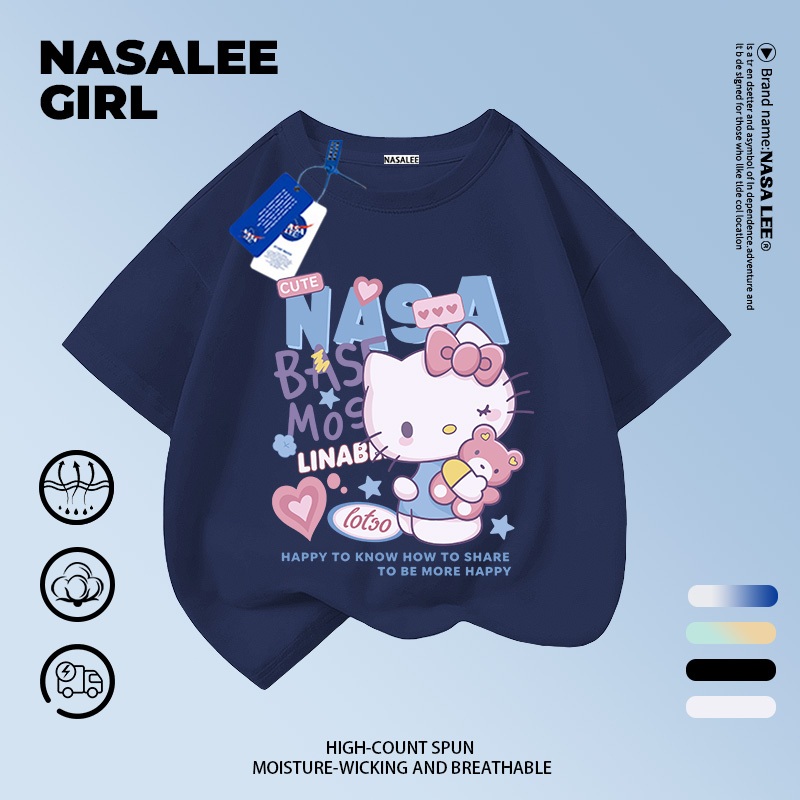 【จัดส่งภายในวันเดียวกัน】 เสื้อยืดคอกลมผ้าฝ้ายสำหรับเด็ก NASA สีกรมท่า ลายแมวน่ารัก สำหรับเด็กอายุ 3-16 ปี ทั้งเด็กผู้ชายและเด็กผู้หญิง ทรงหลวม