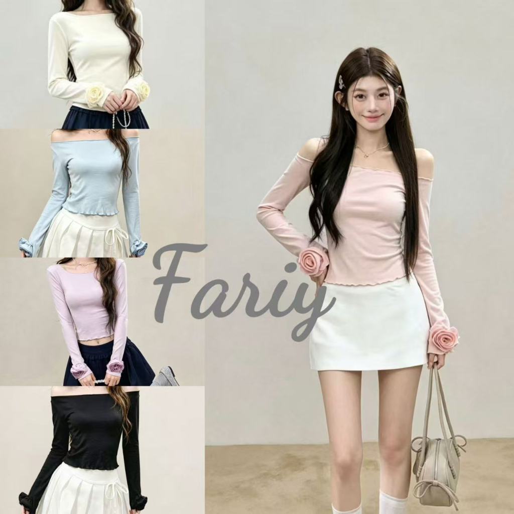 Fariy🍒คลังสินค้าพร้อม🍒 เสื้อยืดแขนยาวคอกลมลายกุหลาบ 3 มิติสีชมพูสำหรับผู้หญิง สไตล์ใหม่รับซัมเมอร์ ทรงเข้ารูป เก๋ไก๋ เหมาะสำหรับใส่เป็นเสื้อตัวใน