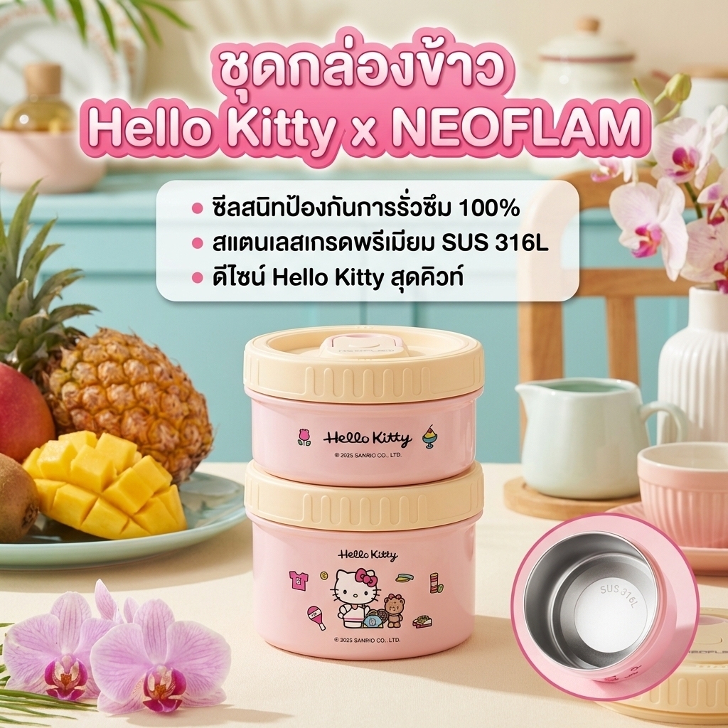 [Aria] Neoflam HelloKitty กล่องอาหารกลางวัน High-value Student Tableware ใหม่น่ารักกล่องอาหารกลางวัน 316 ชาม