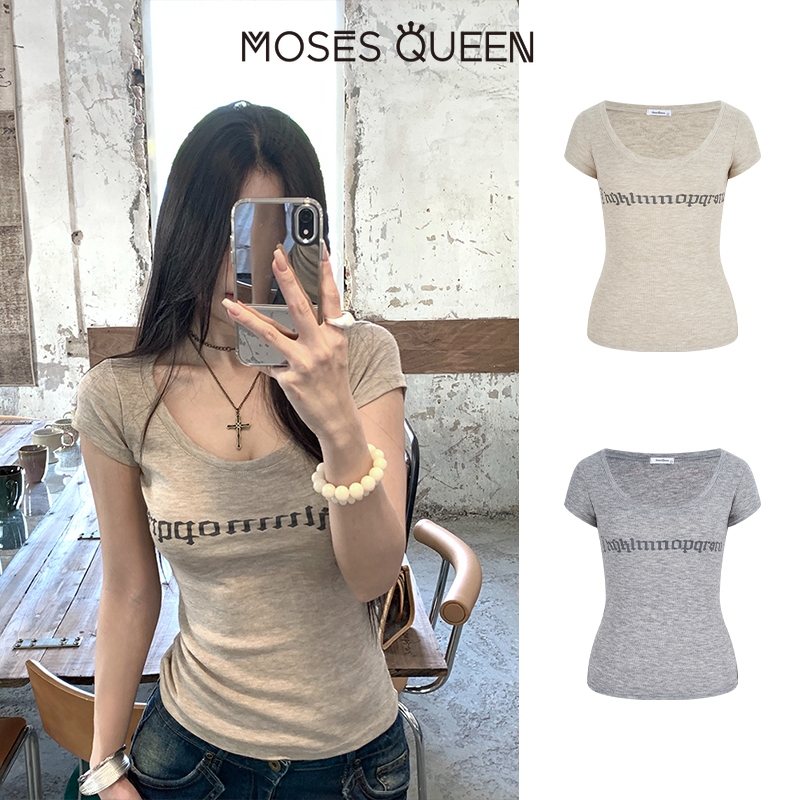 MOSESQUEEN มอสเนสควีน ผู้หญิงแฟชั่นลูกเรือคอด้านบนบางเล็กน้อยดูผ่านผ้าจดหมายพิมพ์หัวใจกลับออกแบบสีเทาข้าวโอ๊ตนมนุ่มสบายสไตล์เกาหลีสลิมฟิตทุกการแข่ #63546