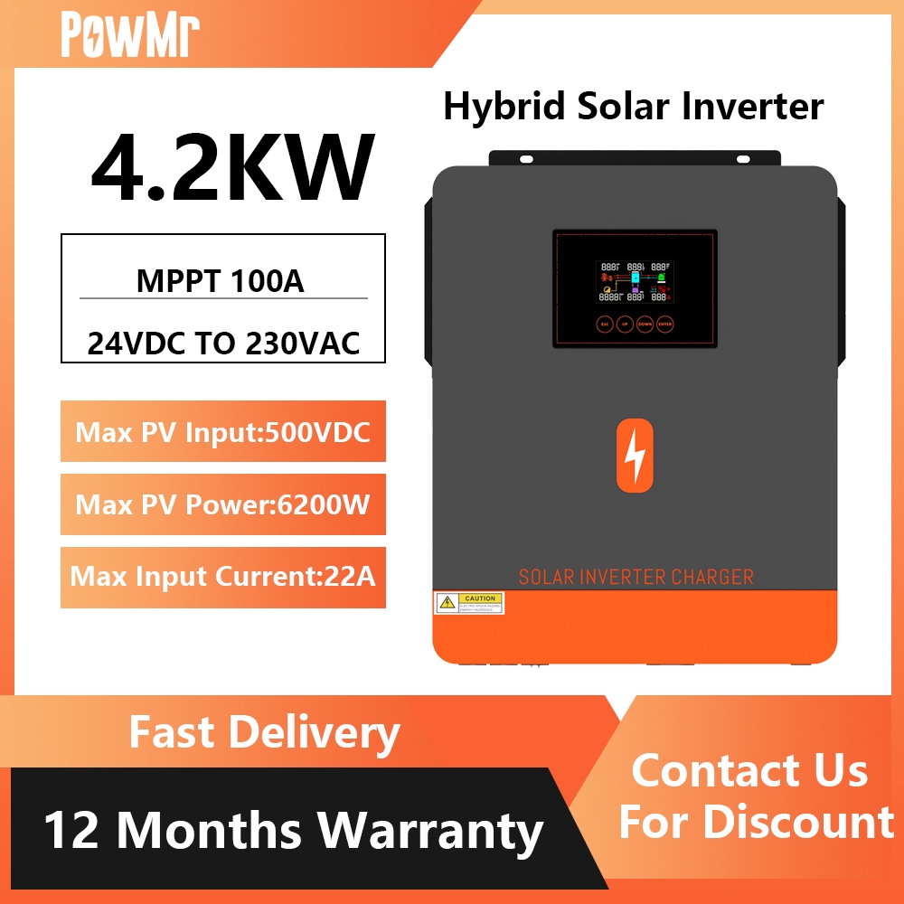 4.2kW Off Grid/On Grid Hybrid Inverter, ตัวควบคุมเครื่องชาร์จพลังงานแสงอาทิตย์ในตัว 120A, อินพุต PV 60-500Voc, รองรับ 24V LifePo4 แบตเตอรี่ 230Vac Hybrid Inverter WiFi ในตัว
