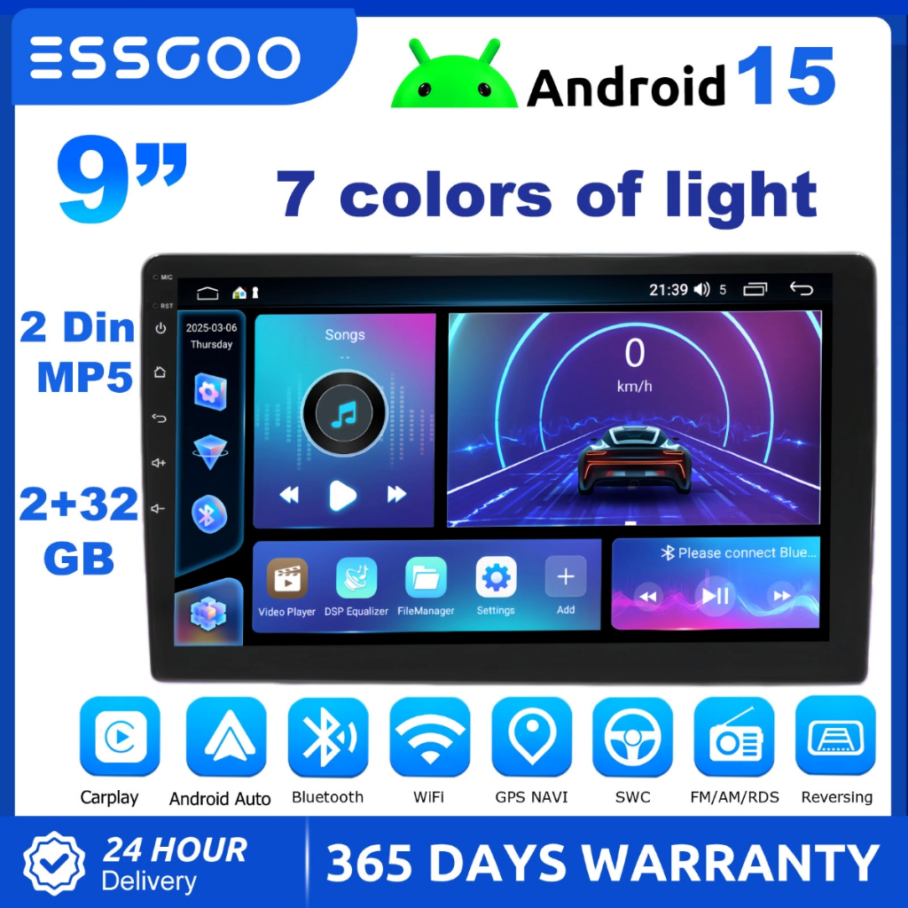 ESSGOO เครื่องเสียงติดรถยนต์ Android ขนาด 9 นิ้ว | แอนดรอยด์ 15| 2+32G| รองรับ CarPlay แบบมีสาย/ไร้ส