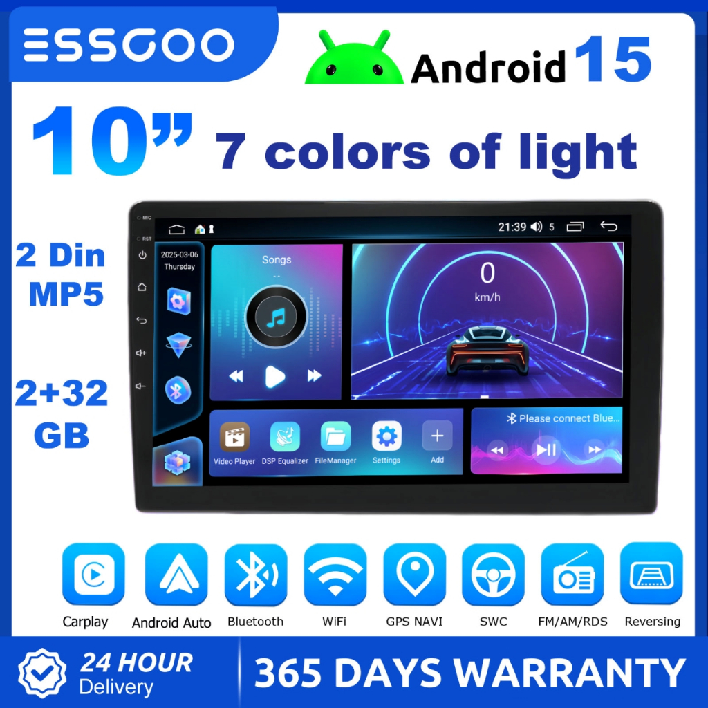 ESSGOO เครื่องเสียงติดรถยนต์ Android ขนาด 10 นิ้ว | หุ่นยนต์ 15 ใหม่ | รองรับ CarPlay แบบมีสาย/ไร้สา