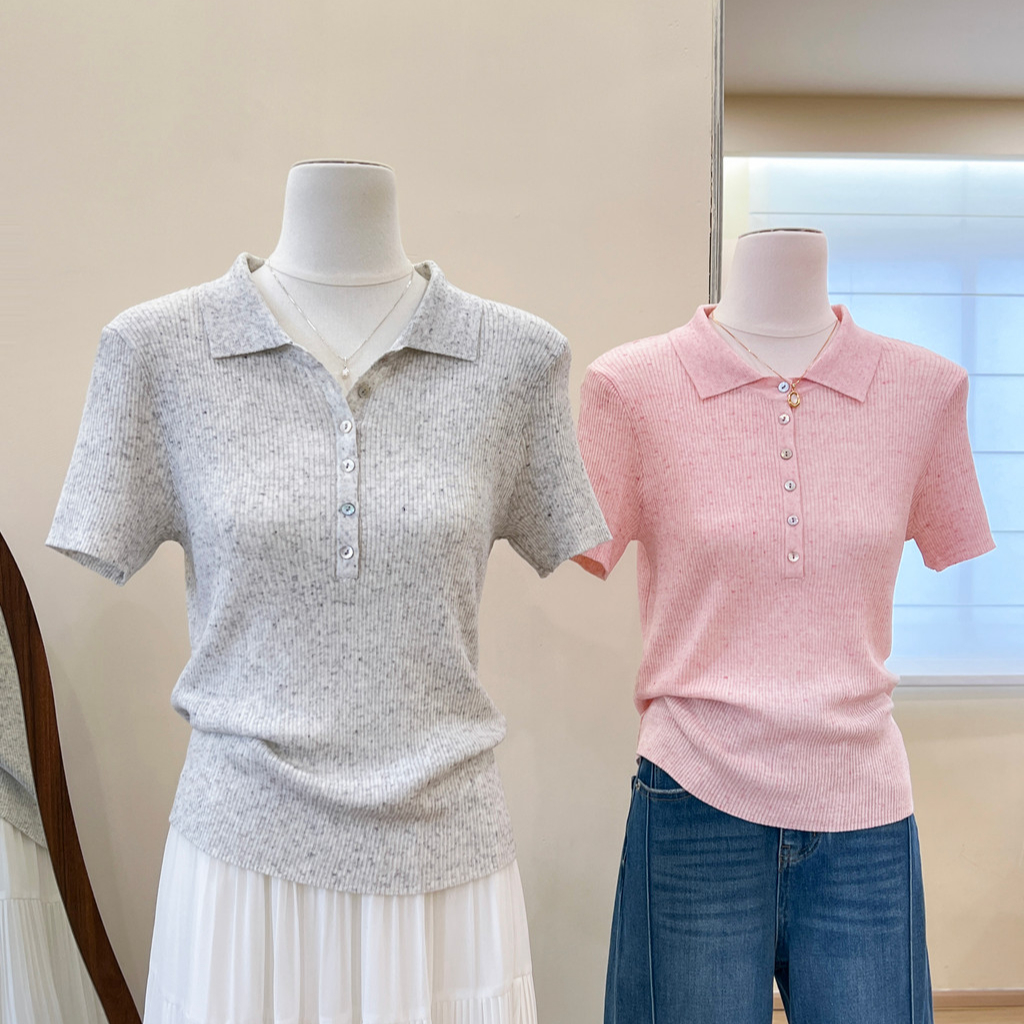 เสื้อยืดแขนสั้นแบบถักเข้ารูป ลายพรางคอปกสไตล์โปโล100763