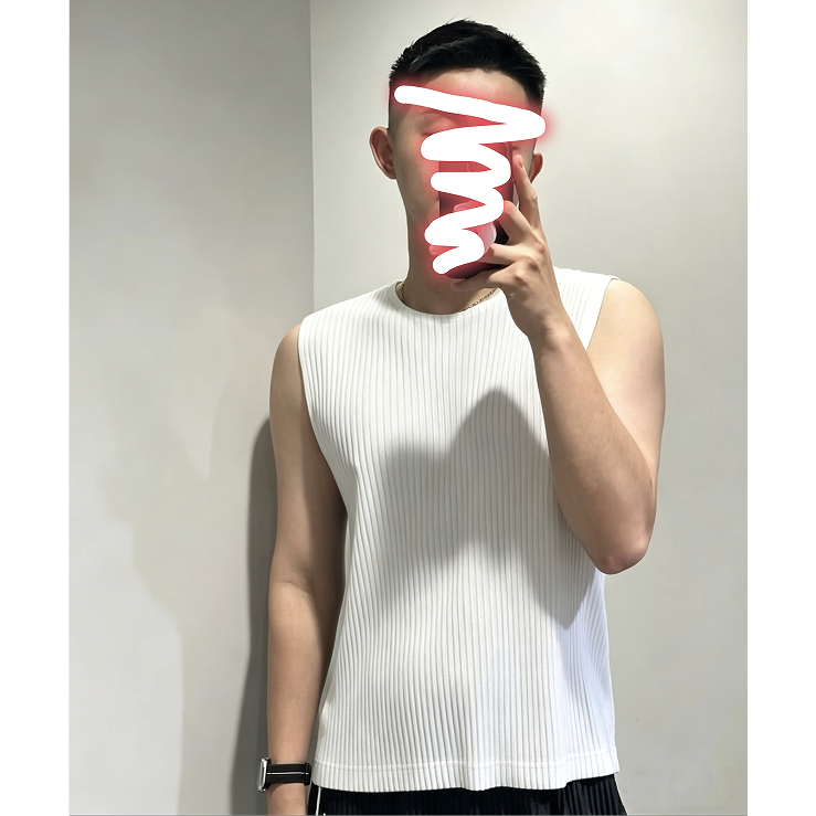 มิยาเกะ เสื้อกั๊กผู้ชาย แขนกุด คอกลม สีขาวบริสุทธิ์ สไตล์คลาสสิก