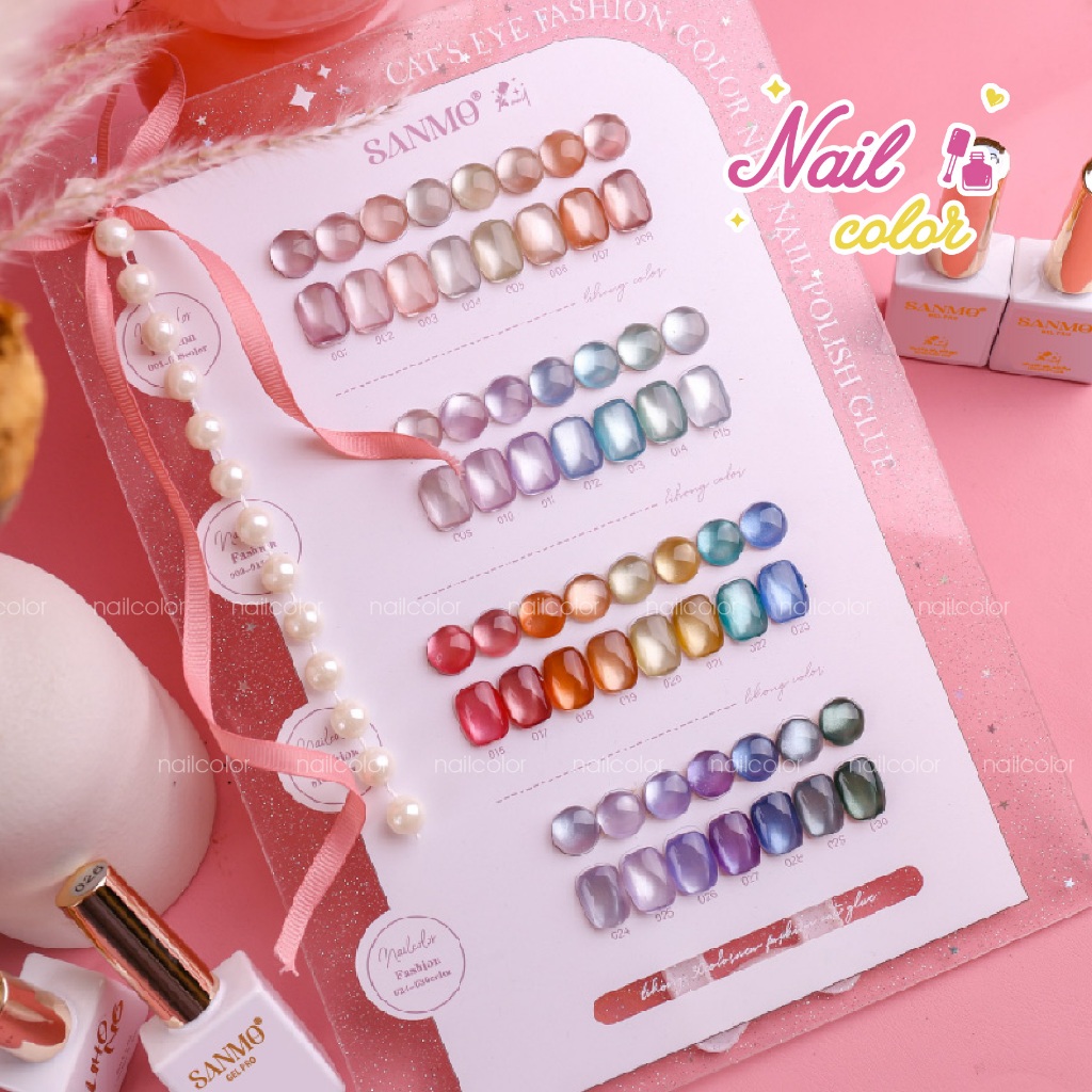 [สต๊อกพร้อม] SANMO 30 สี Cats Eye Nail Polish Glue Nails Set (ฟรีกระดานสีเคลือบ+โซ่มุก+Ribbon) ลูกปัดแก้ว ตาแมว สีสันสดใส