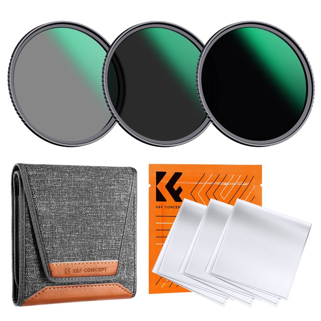 K&F Concept 49mm-82mm ND8+ND64+ND1000 Lens Filter Kit พร้อมผ้าเช็ดแว่น 3 ผืนและถุงกรอง, กระจกออปติคอ