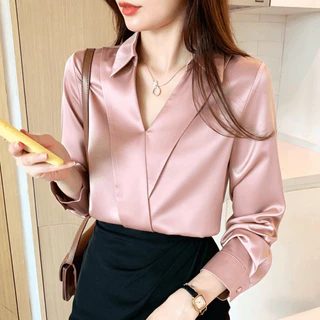 เสื้อเชิ้ตผ้าซาตินแขนยาวสีพื้นสำหรับผู้หญิง ผ่อนปรน วินเทจ คอวี เสื้อทำงาน