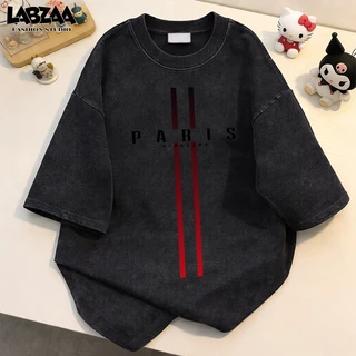 LABZAA เสื้อยืดแขนสั้นคอกลม🔥วินเทจฟอกน้ำ Oversized ลวดลายแฟชั่น ระบายอากาศ ผ้าฝ้าย 100% YG2770