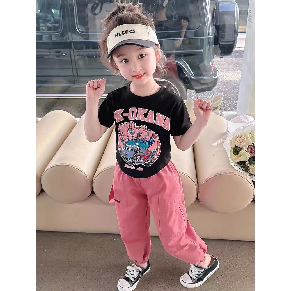 [จัดส่งจากประเทศไทย] สาวฤดูร้อนสไตล์ใหม่เกาหลีลายเสื้อยืดแขนสั้น + ผ้าไหมน้ําแข็งป้องกันยุงกางเกงกว้างตรง 2 ชิ้นชุด 4 5 6 7 8 9 10 11 12 ปี