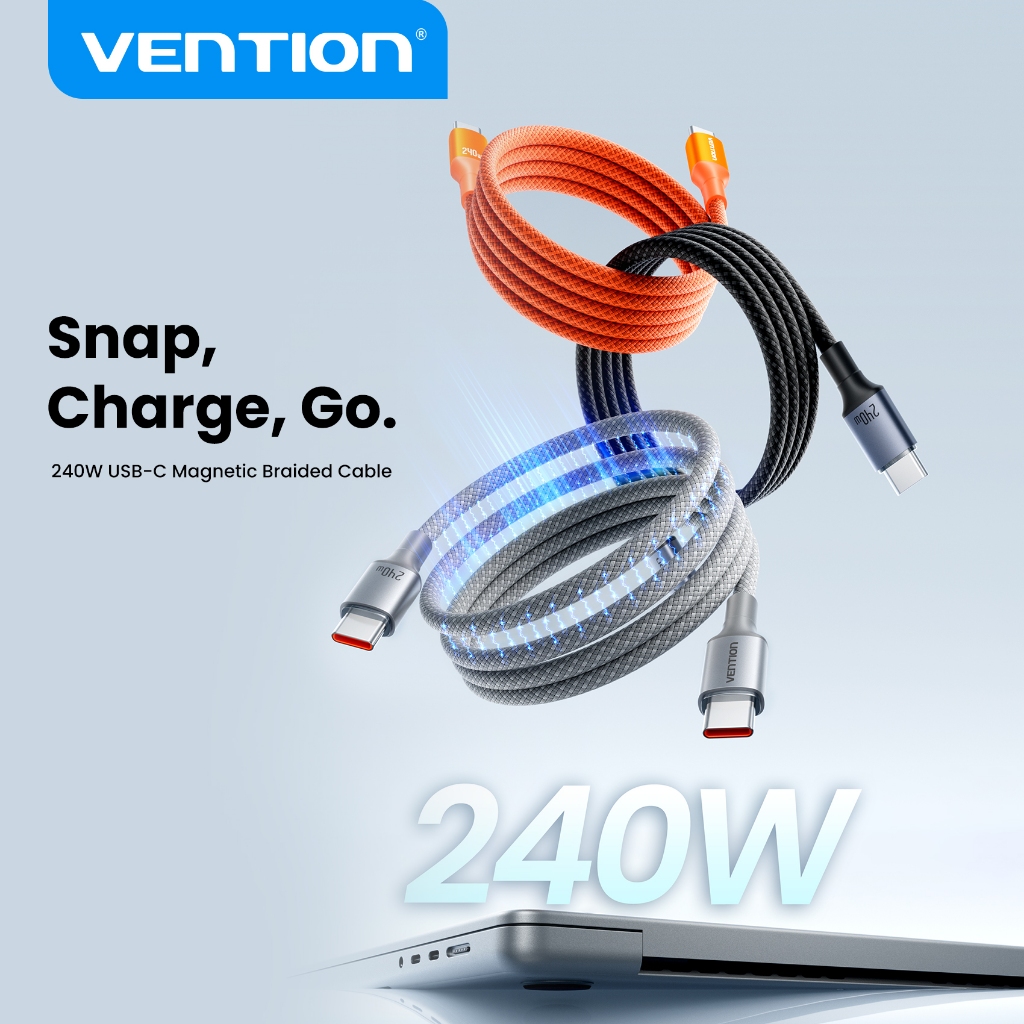 Vention สายชาร์จแม่เหล็ก USB-C 240W ชาร์จเร็ว USB2.0 PD3.1 PPS ม้วนตัวเอง ไม่พันกัน ชิป E-Marker ทนทาน สำหรับ iPhone 17 MacBook แล็ปท็อป แท็บเล็ต Xiaomi ถ่ายทอดสด