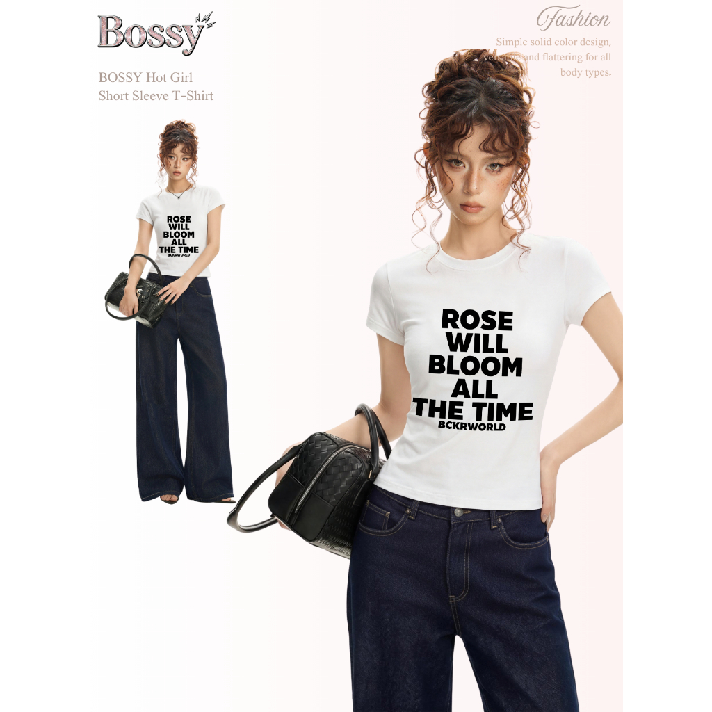 BOSSY เสื้อยืดแขนสั้นผู้หญิงดีไซน์ทรงเข้ารูป ลายพิมพ์ตัวอักษรสไตล์อเมริกันหวานคูล #E+1926