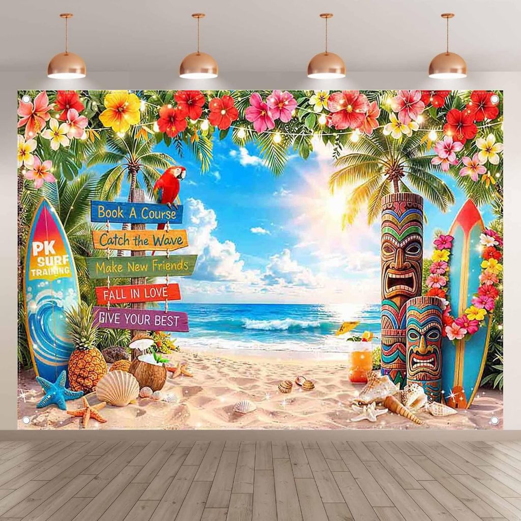 7x5ft ฤดูร้อนฮาวายชายหาดฉากหลัง Tropical Ocean Seaside Luau Aloha ปาล์มใบดอกไม้มะพร้าวการถ่ายภาพพื้นหลังวันหยุดตกแต่งแบนเนอร์ Photo Props
