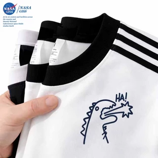 NASA เสื้อยืดสามแถบชายหญิง oversize แขนสั้น สไตล์ลำลอง summer ไดโนเสาร์น้อย คอตตอน100% คอกลม หลวมและระบายอากาศ
