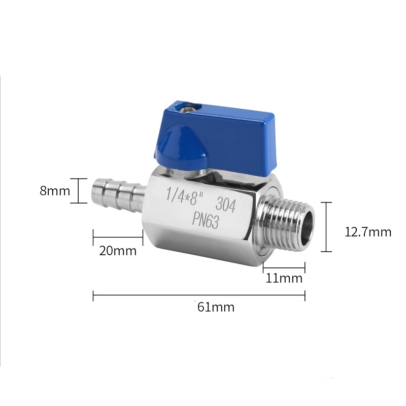 1/4 "3/8" 1/2 "BSPT ชาย 8 10 12 มม.ท่อ Barb Mini สุขาภิบาลวาล์ว SUS 304 สแตนเลส MINI Ball วาล์วสีฟ้า Hanlde