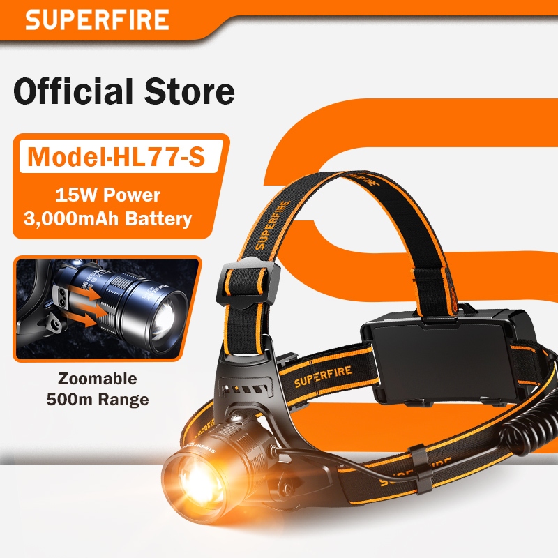 ไฟฉายศีรษะ SUPERFIRE HL77-S 15W สีเหลือง ซูมได้ LED ชาร์จไฟได้ แบตเตอรี่ 3000mAh สำหรับแคมป์ปิ้ง ตกปลา งานอดิเรก ไฟอุ่น