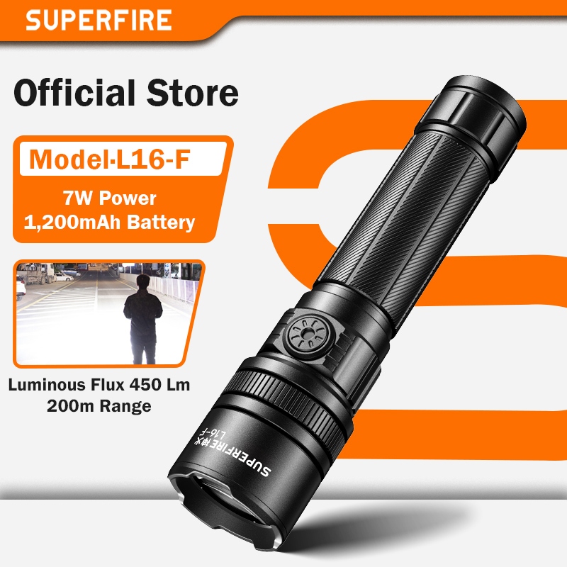 SUPERFIRE L16-F ไฟฉายขนาดเล็ก 7W 450 ลูเมน สว่างมาก กันน้ำ IP43 แบตเตอรี่ 1200mAh ไฟฉายพกพาสำหรับงาน