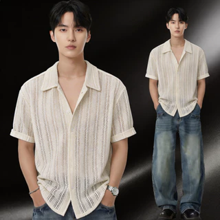 เสื้อเชิ้ตผู้ชายแขนสั้น ทรงคิวบา ผ้าถักลายฉลุ โปร่งระบายอากาศ เย็นสบาย สไตล์แฟชั่นฤดูร้อน