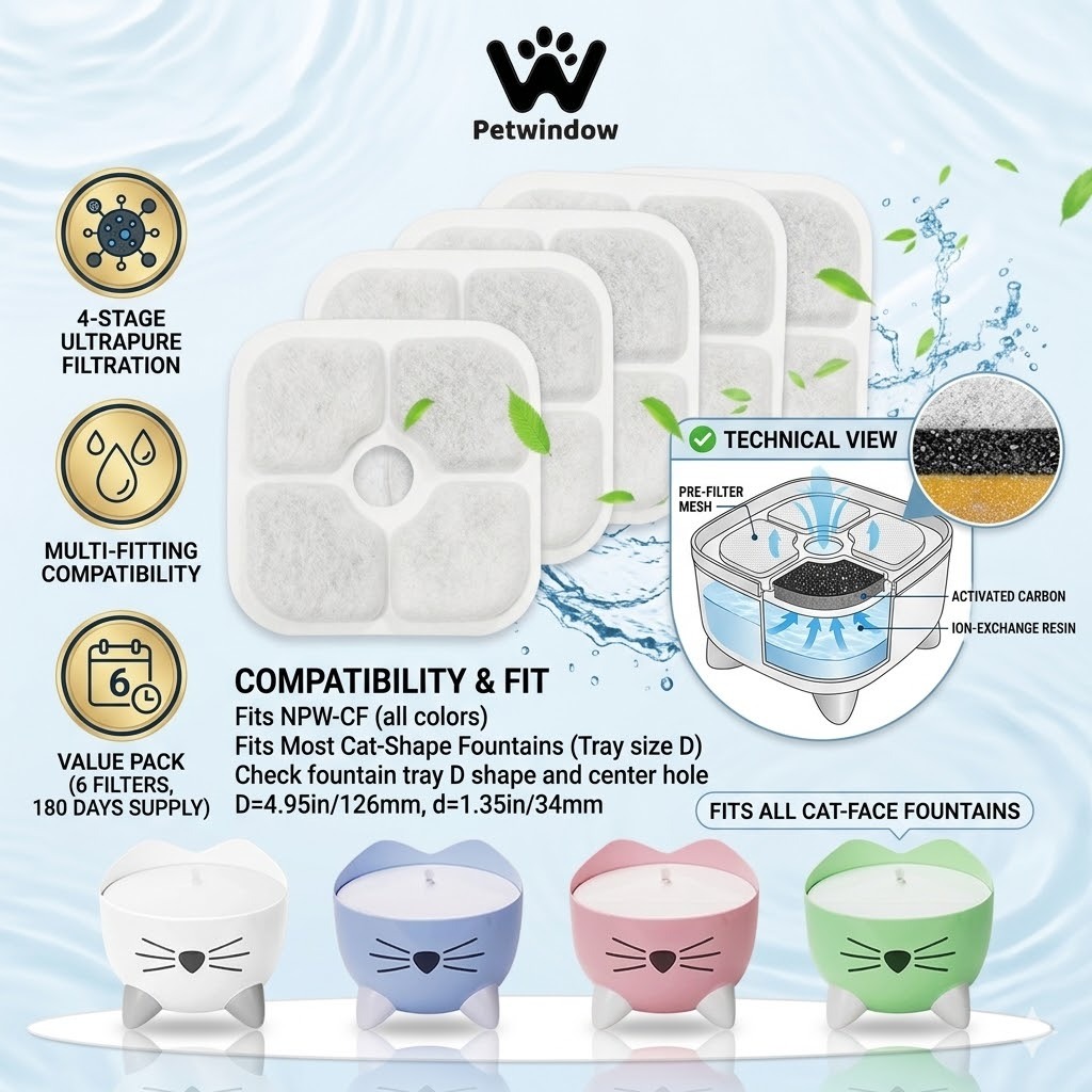 หน้าต่างสัตว์เลี้ยง® สําหรับ Catit PIXI ตัวกรองน้ําพุแมว, ตัวกรองทดแทนตู้ดื่มแมว 2.5L/84.5 fl oz, การกรอง 3 ขั้นตอน Triple เปิดใช้งานคาร์บอน Purification Core, Durab