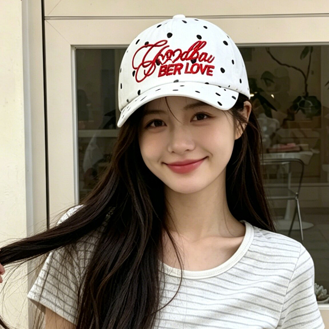 หมวกเบสบอลพอลค่าดอตสไตล์ญี่ปุ่นเรโทรสำหรับสาวๆ ฤดูใบไม้ผลิและฤดูร้อน ออกแบบมาให้เข้าได้กับทุกลุค