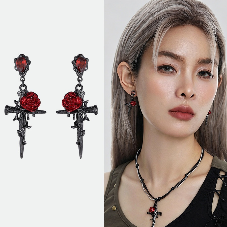 ต่างหูRose Cross สไตล์ยุโรปอเมริกัน Punk ออกแบบประณีต ระดับพรีเมียม