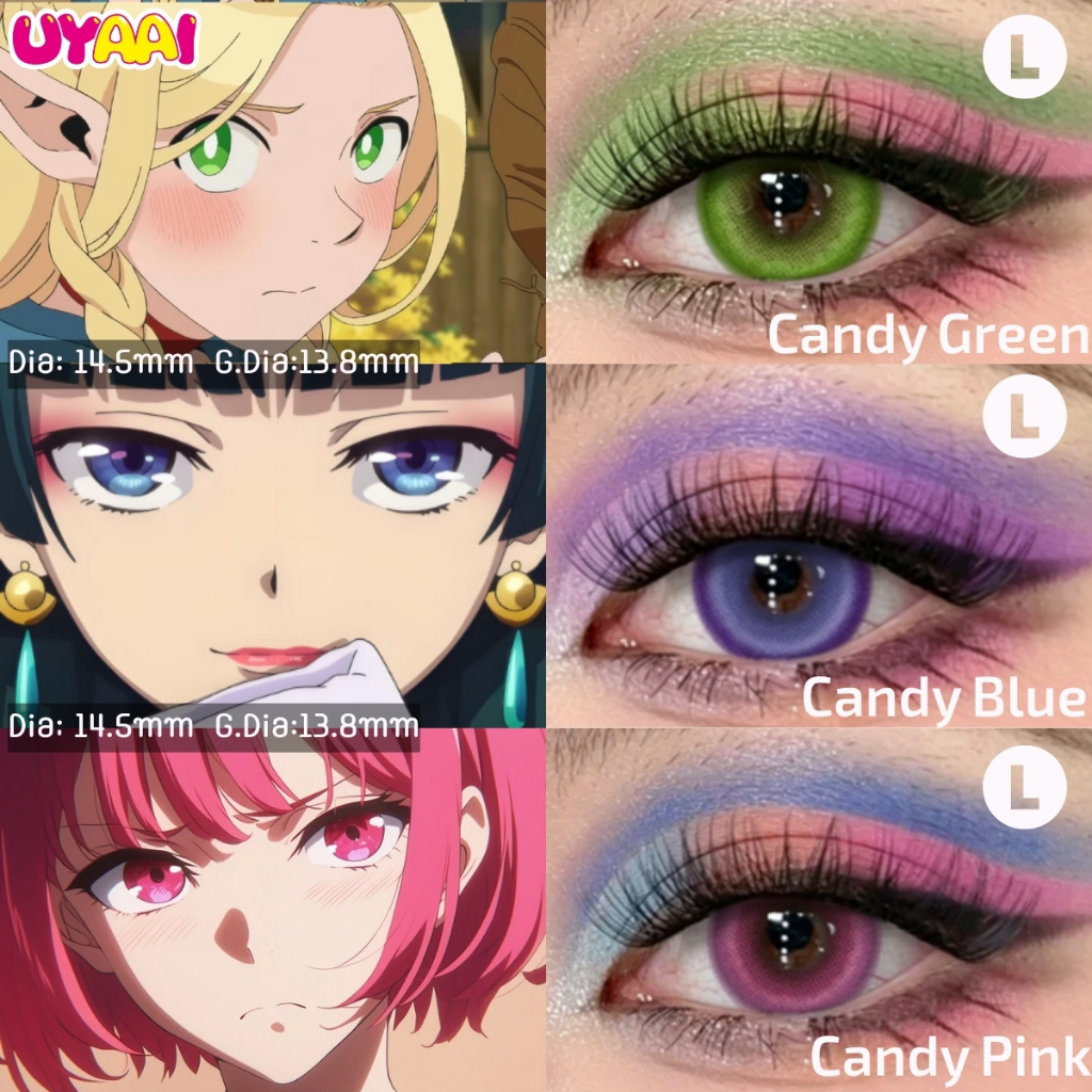【0.00~4.00】UYAAI คอนแทคเลนส์คอสเพลย์ สีฟ้า ชมพู เขียว 14.5มม. ไซส์L