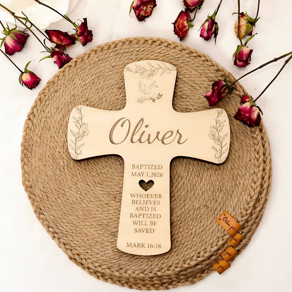 ที่กําหนดเองชื่อวันที่ไม้ Baptism CROSS/ไม้เครื่องประดับที่ระลึก/เด็ก Baptism แกะสลักไม้ CROSS