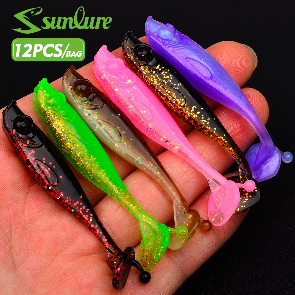 Sunlure 12 ชิ้นเหยื่อตกปลาอ่อน ดีไซน์หางคอมโพสิต โล่ขนาดใหญ่สุด T หาง + หนวดบอลบิด สวิงความถี่สูงและต่ํา